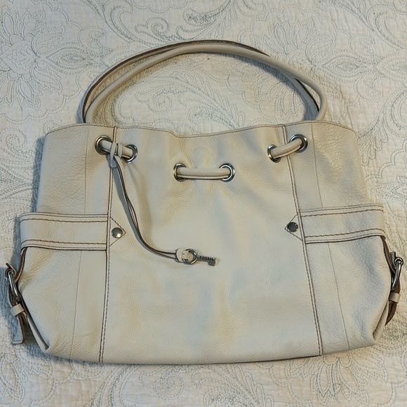 Fossil Winter White Leather Satchel Hobo Bag - Picture 1 of 8